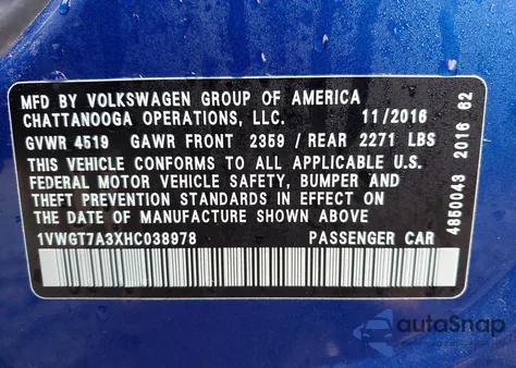 2017 Volkswagen Passat 1.8T Se from USA, damaged, VIN 1VWGT7A3XHC038978